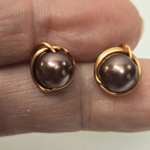 Hand Crafted Copper and Faux Bronze Pearl Post Earrings